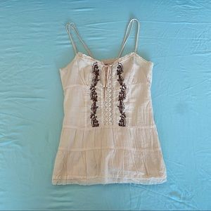 off white/cream beige boho tank with brown details and ribbon